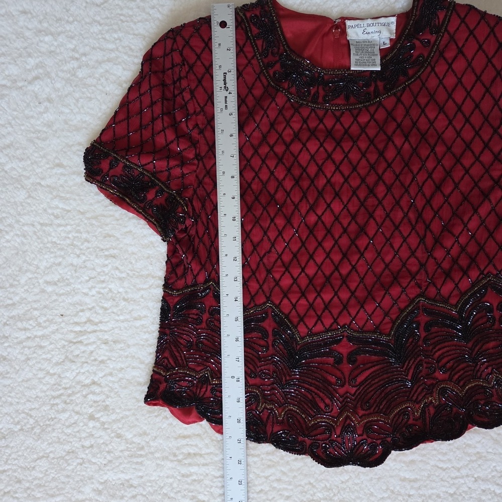 PAPELL BOUTIQUE EVENING BEADED BLOUSE WOMEN'S L 100% SILK VINTAGE RED FLORAL - Picture 7 of 7